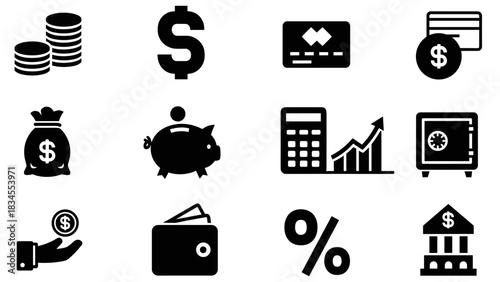 Set of twelve black financial icons for banking and business, including a piggy bank, dollar sign, credit card, calculator, and growth chart, presented as simple glyphs