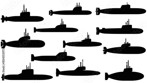 Collection of black submarine silhouettes in various designs and shapes, showcasing a set of military naval vessels for underwater exploration and combat in a simple graphic icon style