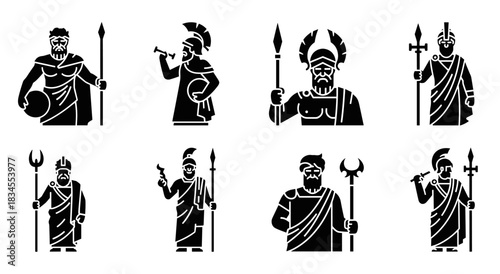 Collection of black glyph icons showing ancient mythological gods and warriors with weapons like spears and tridents, depicted in a clean, minimalist silhouette style