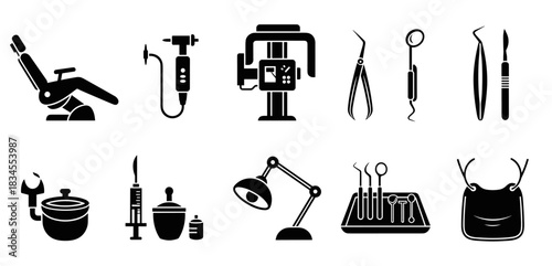 Black glyph icons of dental instruments and equipment for stomatology, including a chair, drill, x-ray machine, lamp, and various professional tools for oral care and treatment