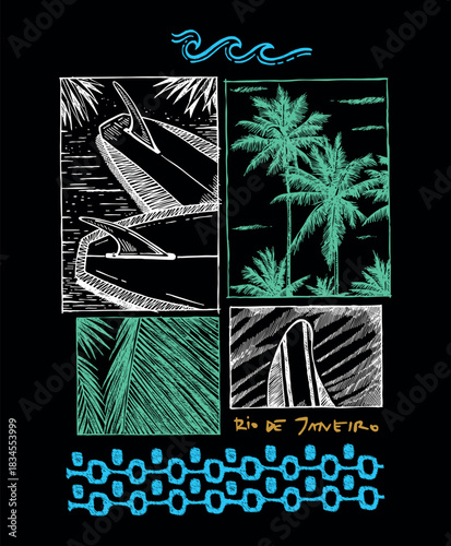 Hand-drawn illustration of tropical elements alluding to Rio de Janeiro, Brazil, and related to the practice of surfing.