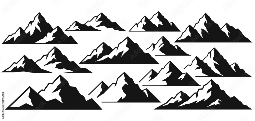 Fototapeta premium Set of black mountain range silhouettes with snowy peaks presented in a minimalist graphic vector style for logo design, adventure branding, and outdoor travel concepts
