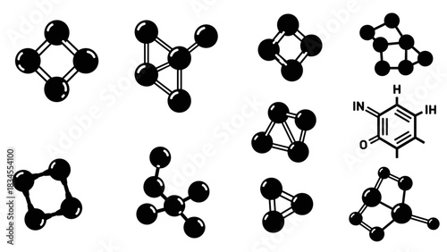 Collection of black molecular structure icons representing various chemical compounds, atoms, and bonds in a minimalist graphic style for science and educational concepts
