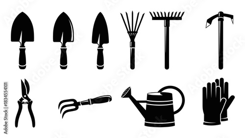 Collection of black gardening tool icons including a trowel, rake, watering can, and shears presented in a clean, minimalist graphic style for agricultural concepts