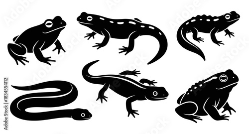 Collection of black amphibian and reptile silhouettes including a frog, toad, newt, salamander, and snake in a minimalist graphic style for logo or icon design