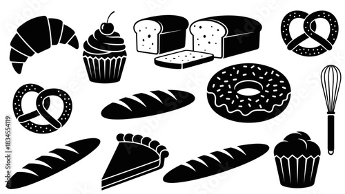 Collection of black bakery and pastry icons including bread, croissant, cupcake, and a donut, presented in a simple graphic silhouette style for food and cooking concepts