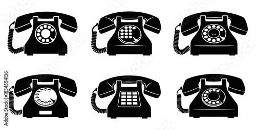 Six black retro telephone vector silhouettes with rotary dials and push-button keypads in a classic icon set representing vintage communication and nostalgic technology
