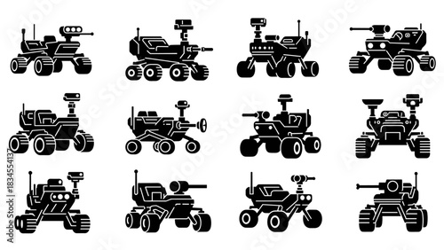 Black space rover vehicle icon collection featuring twelve different minimalist glyph designs for robotic planetary exploration and scientific discovery missions