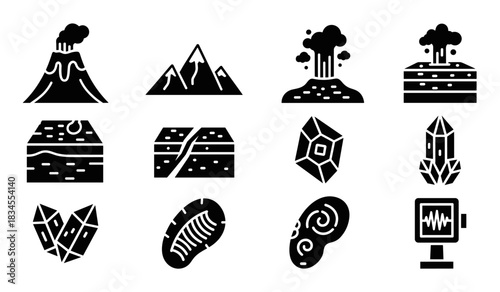 Set of black geology and earth science icons featuring a volcano, mountain, geyser, crystal, fossil, and seismograph presented in a simple solid glyph style for graphic design