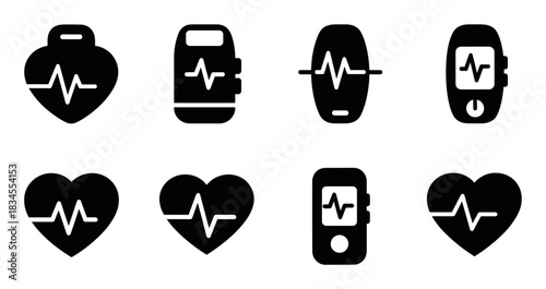 Eight black silhouette icons for healthcare applications, including heart rate monitors, fitness trackers, and cardiology symbols with an ECG line, designed in a simple vector graphic style