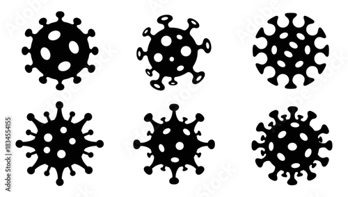Set of six black virus icons representing various coronavirus strains in a simple, graphic silhouette style for medical and scientific awareness concepts