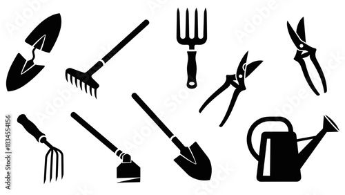 Set of black garden tool silhouettes including a shovel, rake, trowel, fork, and watering can for agricultural or horticultural work, presented as a graphic equipment icon collection