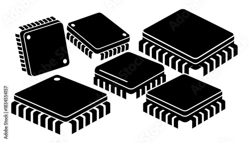 Black computer microchip integrated circuit icons set in a minimalist isometric style, showing various electronic components for technology and hardware design concepts