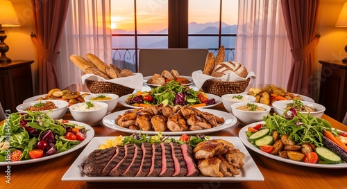 Abundant Meal Spread with Sliced Steak and Chicken at Sunset feast dinner
