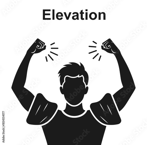 Black and white vector icon of a celebrating man with arms raised and fists clenched, a powerful glyph symbolizing success, victory, achievement, and personal elevation