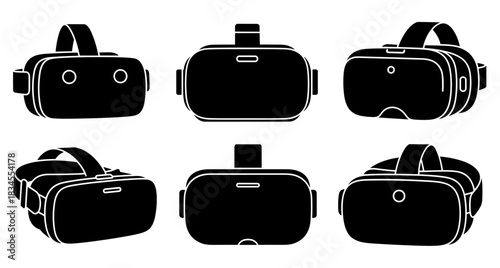 Set of six black virtual reality headset icons shown from various angles in a minimalist silhouette style for technology and gaming concepts
