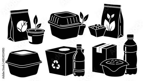 Collection of black silhouette icons representing waste management, recycling, composting, and organic materials like plants, bottles, boxes, and food containers in a simple graphic style