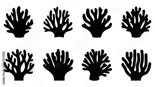 Collection of eight black coral silhouettes with various organic branching shapes, a minimalist graphic icon set for aquatic and underwater themes