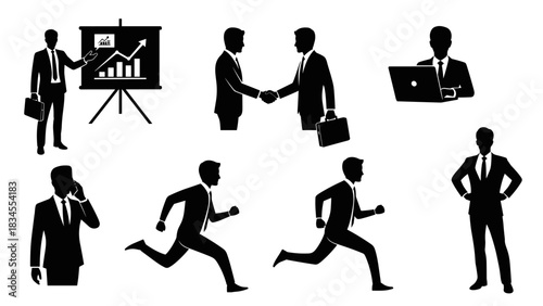 Set of black businessman silhouettes in various corporate poses, including giving a presentation, shaking hands, running, and working on a laptop, representing professional success