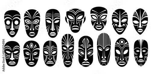 Set of black and white tribal masks with intricate ethnic patterns and diverse expressions, showcasing a collection of ancient cultural symbols and ritualistic faces in a graphic style