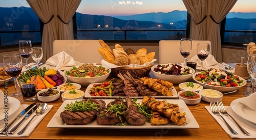 Lavish Dinner Feast with Mountain Sunset View and Abundant Food banquet meal