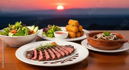 Sliced Steak Dinner with Salad and Croquettes at Sunset meal food