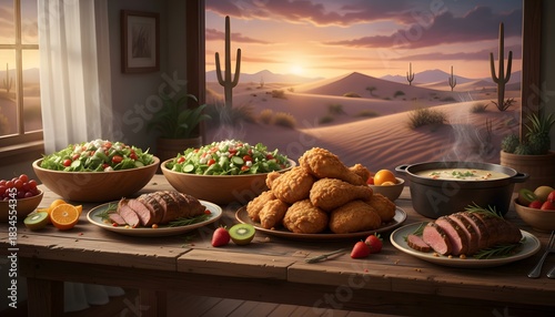 Desert Sunset Dinner Spread with Fried Chicken, Roast Beef, and Salads table food