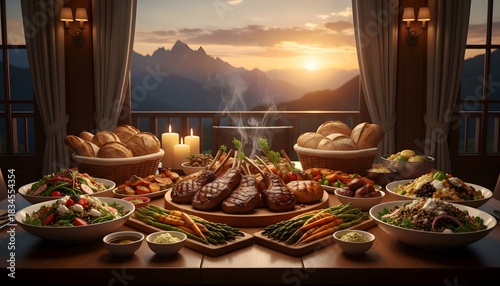 Lavish Mountain View Dinner Feast with Lamb Chops and Baskets of Bread food spread