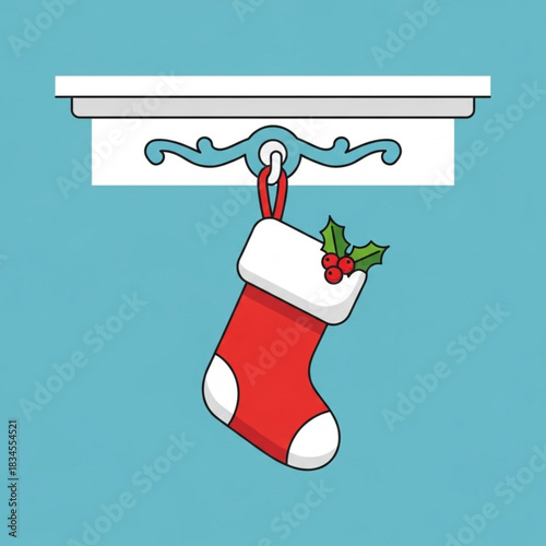 Christmas stocking with holly hanging from a white fireplace mantel