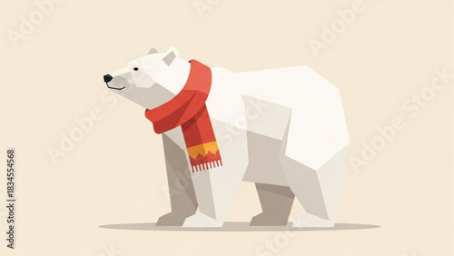 Low poly illustration of a cute polar bear wearing a red winter scarf