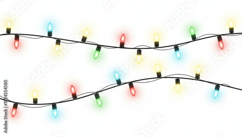 String of colorful glowing christmas light bulbs isolated on white background