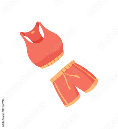 Trendy flat style female sportswear. Modern gym equipment with workout clothes and accessories for fitness and training. Stylish exercise outfit for healthy lifestyle sport concepts.