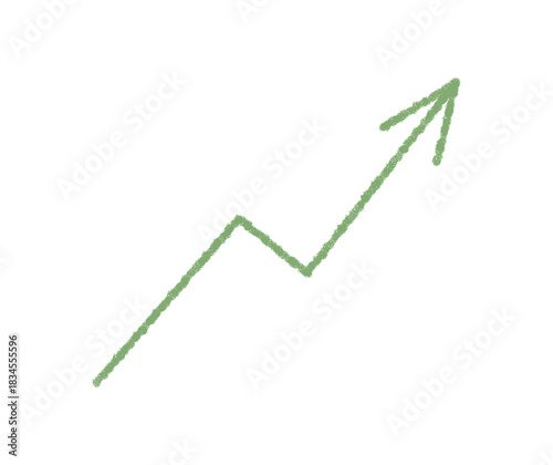 Green crayon chart arrow symbol with hand drawn style. Up arrow as finance icon and diagram element. Graph axis adds to a rough, textured look, suitable for business, education, or creative