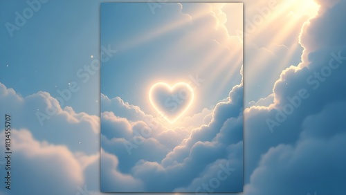 Heavenly Glowing Heart in Blue Sky with Sun Rays and Cumulus Clouds