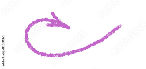 Hand drawn purple chalk swirl arrow with crayon stroke forms a unique pastel element. Icon with pointer style for modern concept, soft and artistic symbol, ideal for creative decor or template.