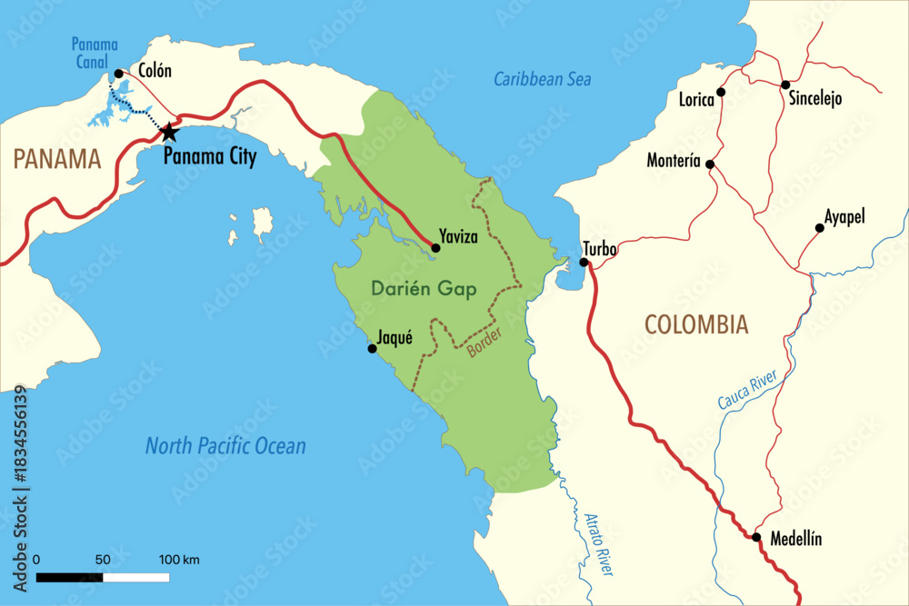 Fototapeta premium Vector Map of the Darién Gap between Panama and Colombia