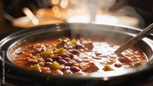 Steaming hot chili simmering in slow cooker with ladle ready to serve food preparation