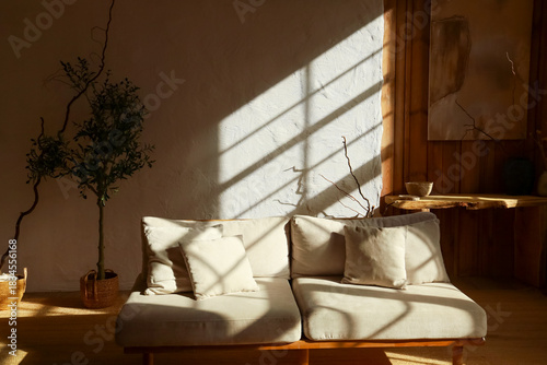 Natural light streams through a window onto a simple living room with a couch and plants