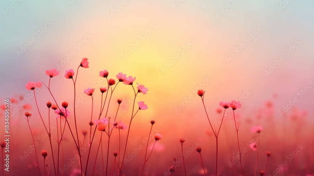 Naklejka premium Serene Landscape of Delicate Pink Flowers Under a Soft Colorful Sunset in a Dreamy Atmosphere of Nature's Beauty and Tranquility in the Evening Light