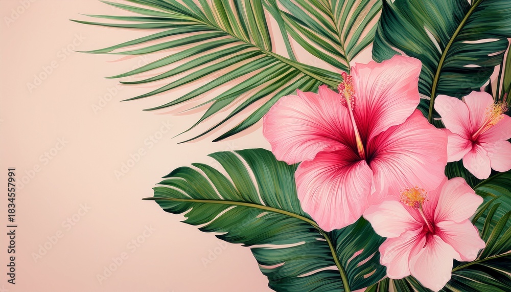 Naklejka premium a tropical delight coconut palm leaf and pink hibiscus flowers on a light pink background