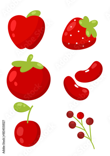 vector illustration set of red fruits berries and beans cherry strawberry red beans tomato jostaberries apple