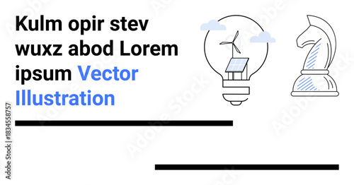 Sustainability, technology, strategy, innovation, renewable energy, decision-making. Wind turbine with solar panel in a lightbulb beside a chess knight. Renewable energy and strategy concept