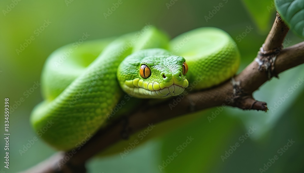 Obraz premium Bright green viper snake rests on tree branch. Orange eyed reptile coiled tightly, scales visible, camouflaged among rich foliage. Focus on head, eye detail, striking natural pose.