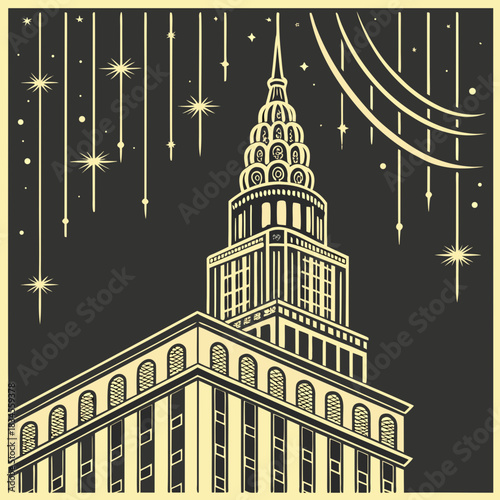 Dramatic Art Deco Skyscraper Vector at Night | Roaring Twenties Metropolis Silhouette