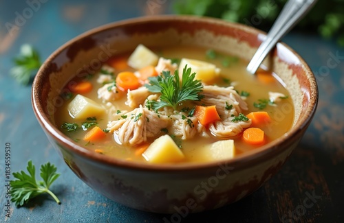 Hot chicken soup with noodles carrots and potatoes in ceramic bowl with spoon. Closeup of hearty meal garnished with parsley. Comforting dish served for lunch or dinner.