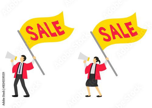 saleの黄色い旗とメガホンを持つ赤色の法被を着た男性と女性の販売員のセット
