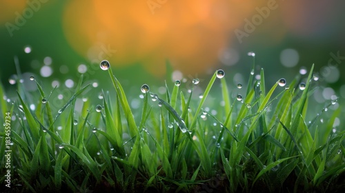 Fresh green grass with dew drops glistening in the early morning sunlight against a blurred nature background with warm colors