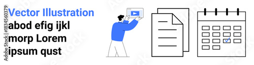 Man holding tablet with video, file stack, marked calendar. Ideal for productivity, digital tools, time management, scheduling, documentation, education simple landing page