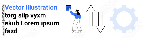 Business workflow, decision-making, analytics, optimization, data flow, collaboration. Woman holding a chart beside up and down arrows and a gear icon. Business workflow and decision-making concept