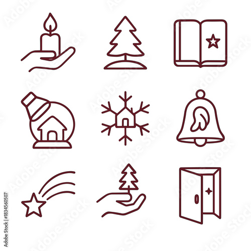 Christmas charity outline icon set with candle tree bell and book